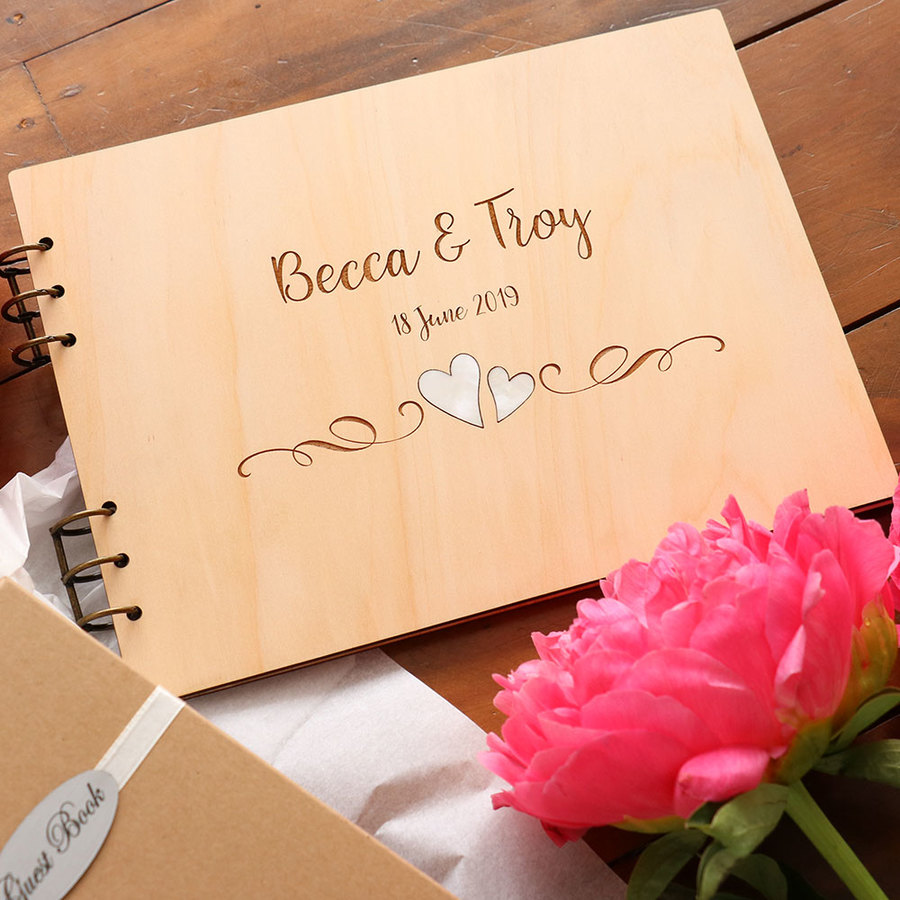 Engraved Guest Book - Hearts with Pearl Shell Inlay